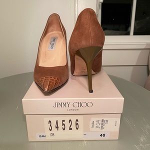 Jimmy Choo 3.75” heels. Suede/mock croc